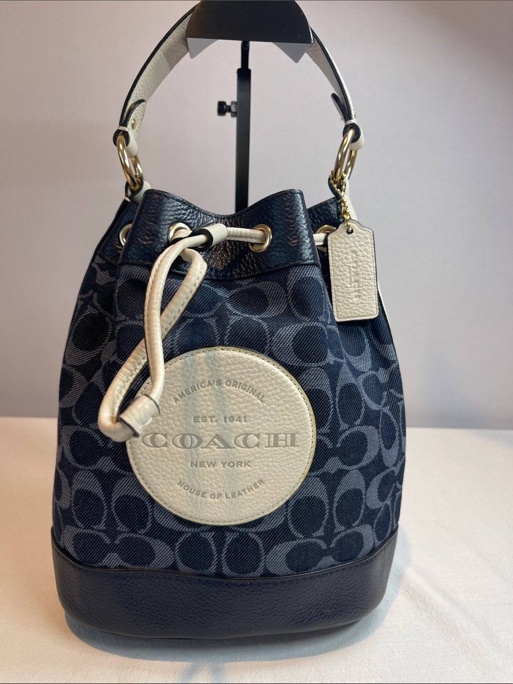 Coach D2132-C4104 Signature Jacquard Mini Bucket Bag Navy Blue & Chalk Leather